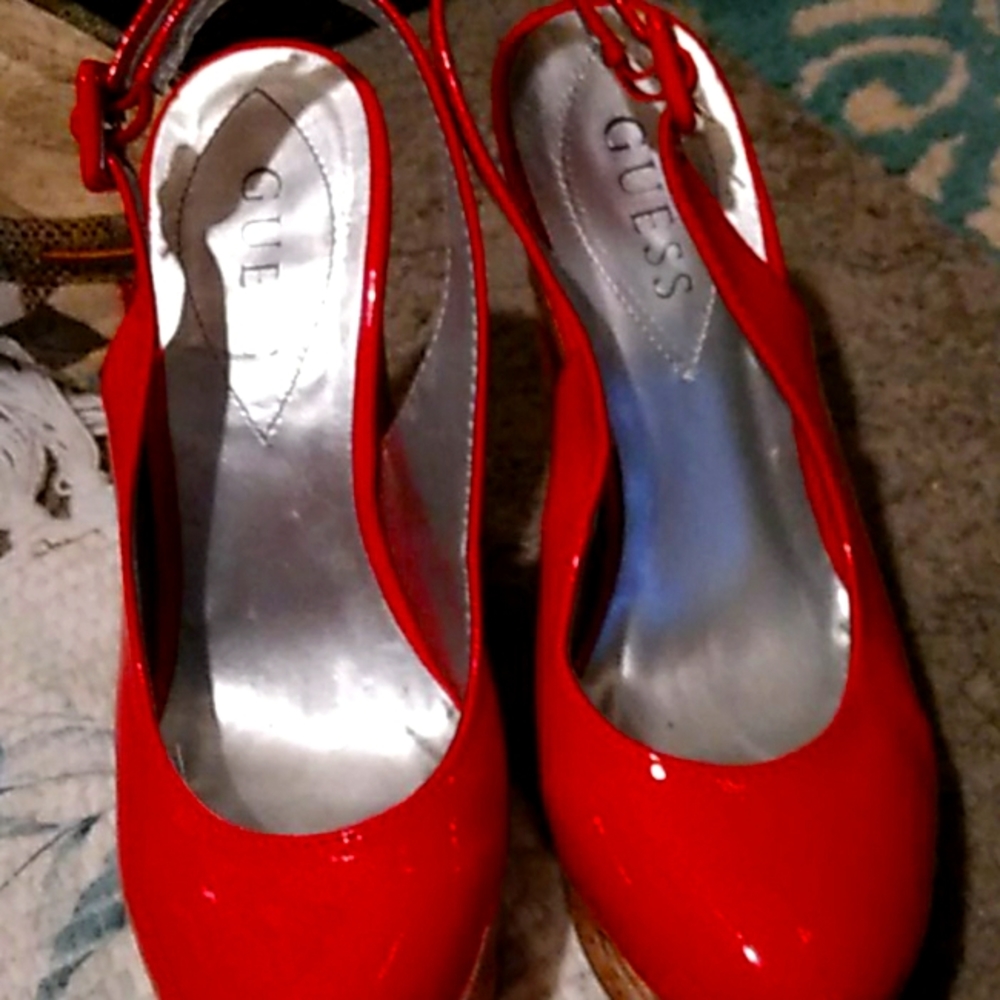 Red, cork platform heels